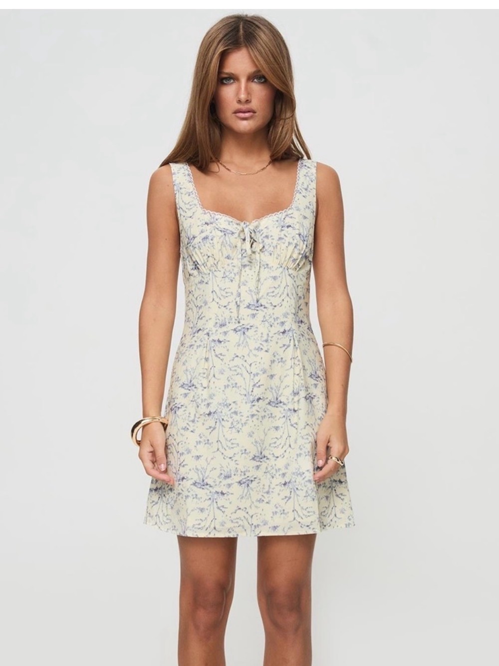 Princess Polly Pale Yellow Mini Dress with Blue Floral Print